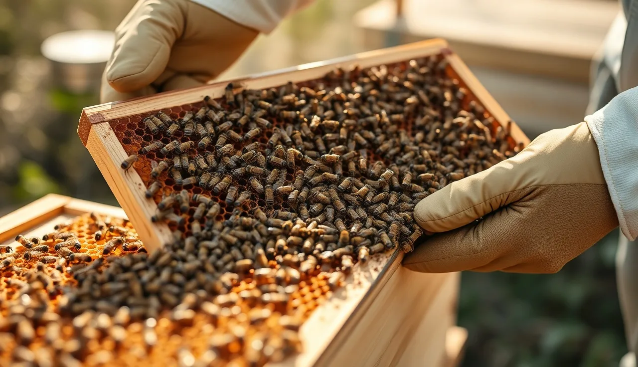 Beekeeper holding brood frame covered in nurse bees for mite wash sampling