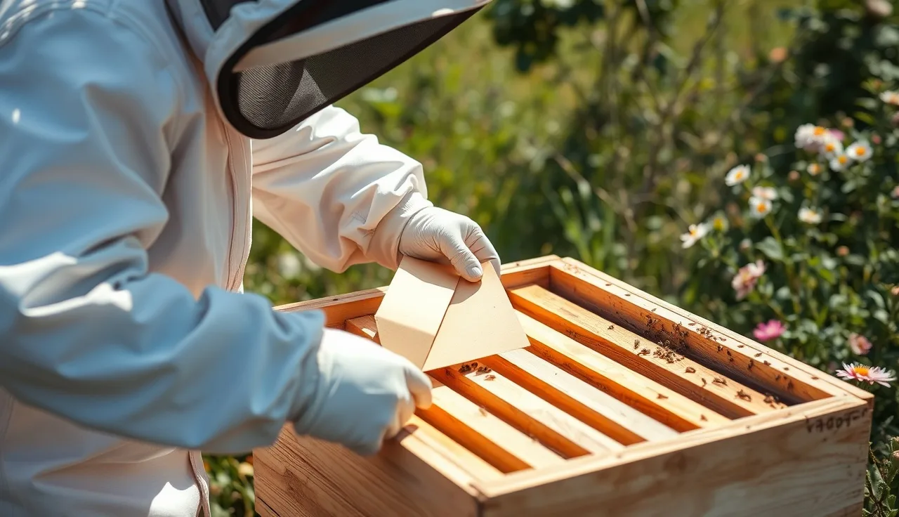 Beekeeper placing OA glycerin strips across hive frame top bars during brood rearing season