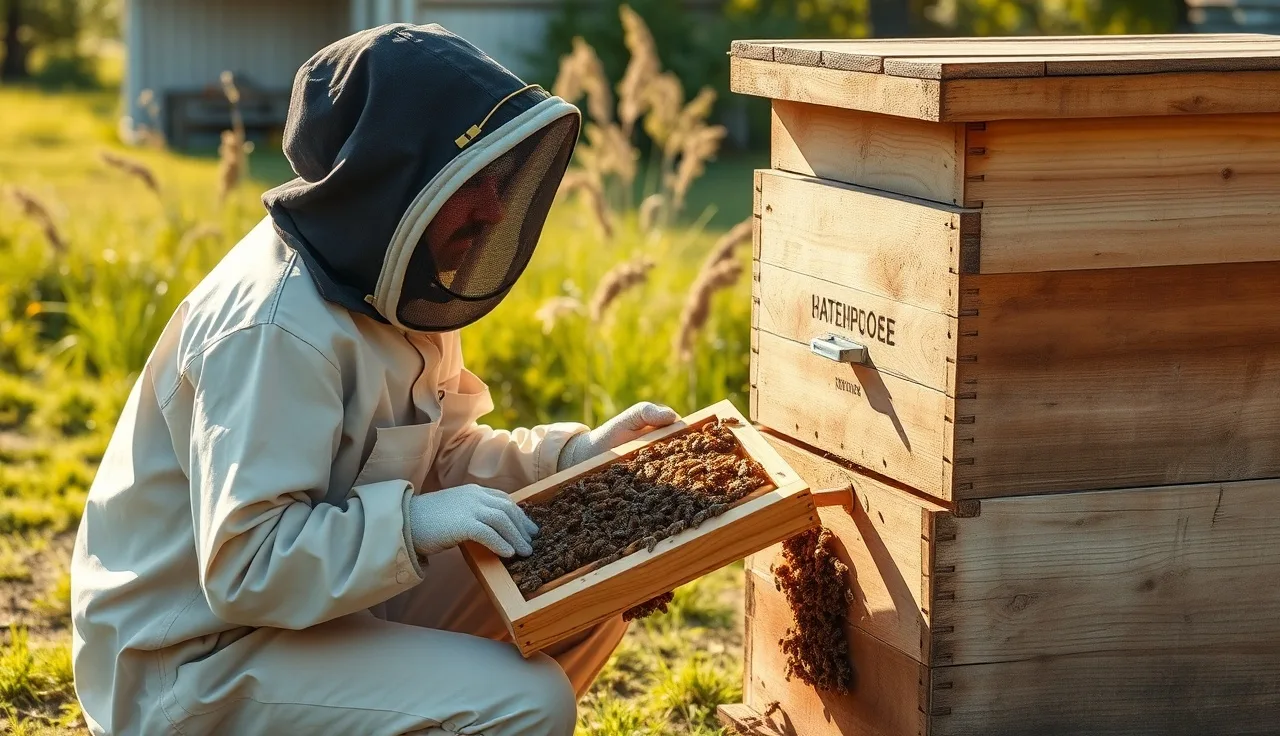 Beekeeper inspecting a brood frame during oxalic acid varroa treatment season