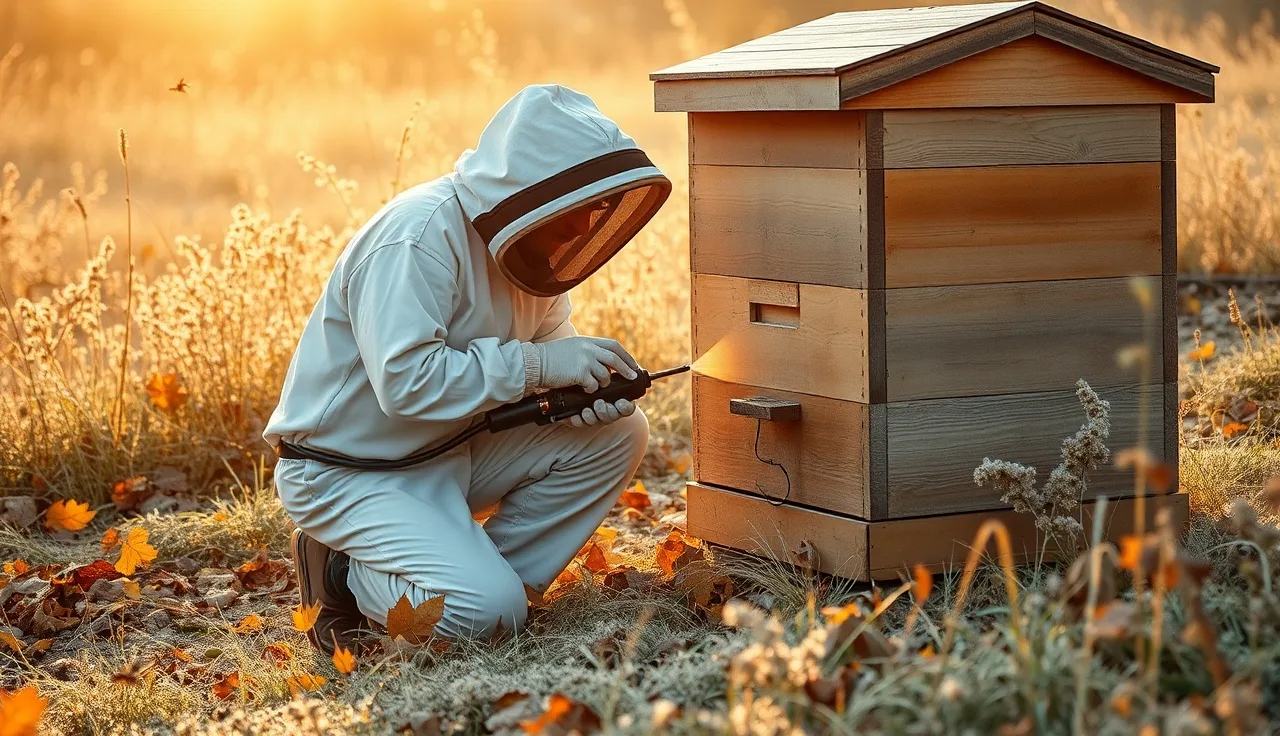 Beekeeper applying oxalic acid vaporizer to a hive on a cold October morning