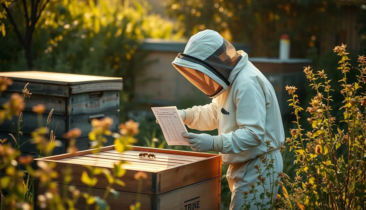 Beekeeper examining an open hive box while holding a varroa treatment strip
