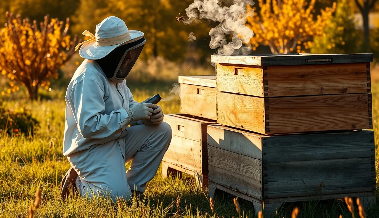 Beekeeper applying oxalic acid vaporizer treatment to an open wooden beehive in autumn meadow
