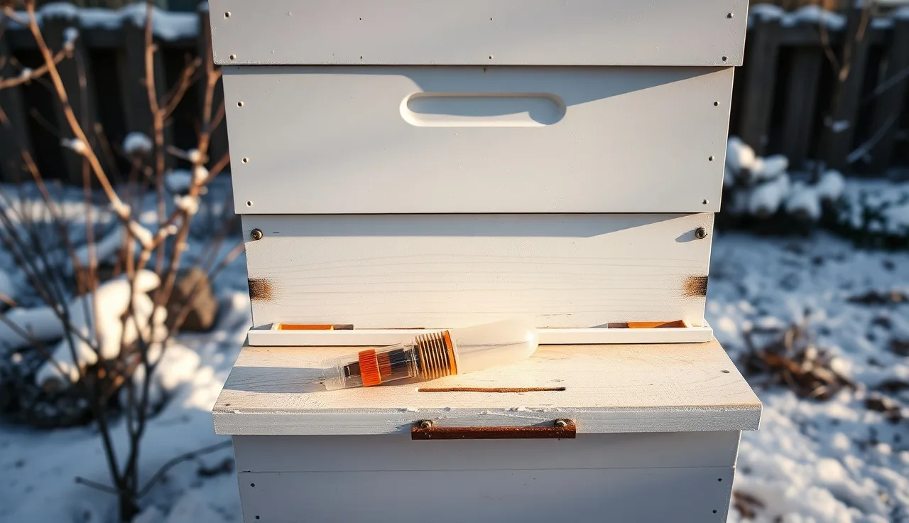 Oxalic acid vaporizer resting at the entrance of a Langstroth hive in winter