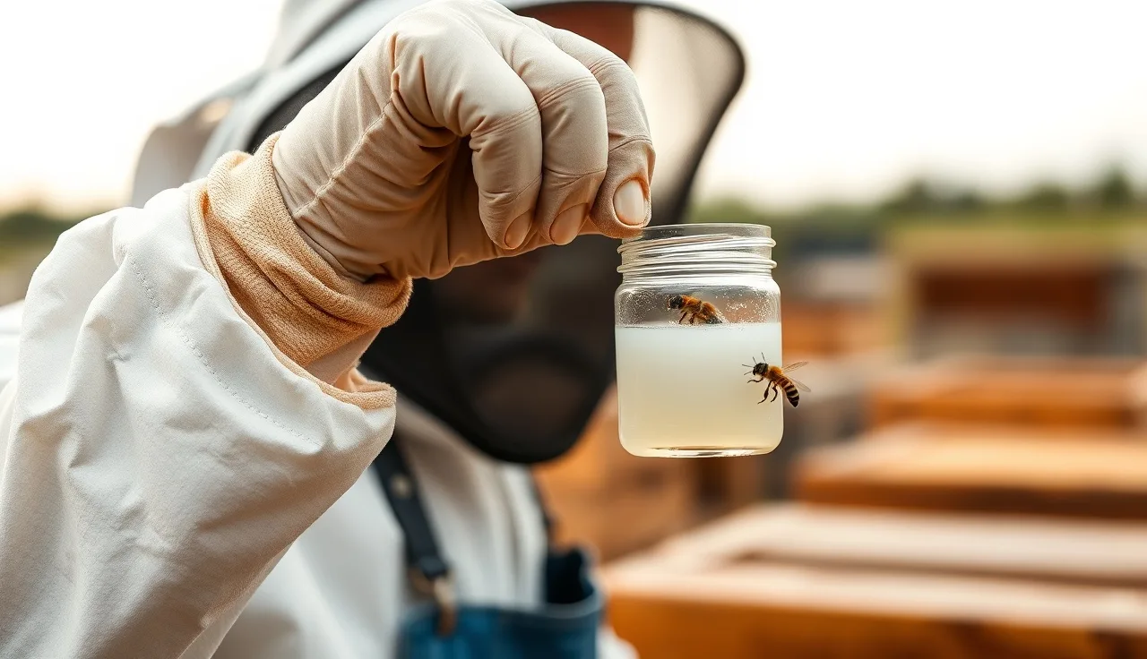Beekeeper performing alcohol wash mite count test beside hive in late summer