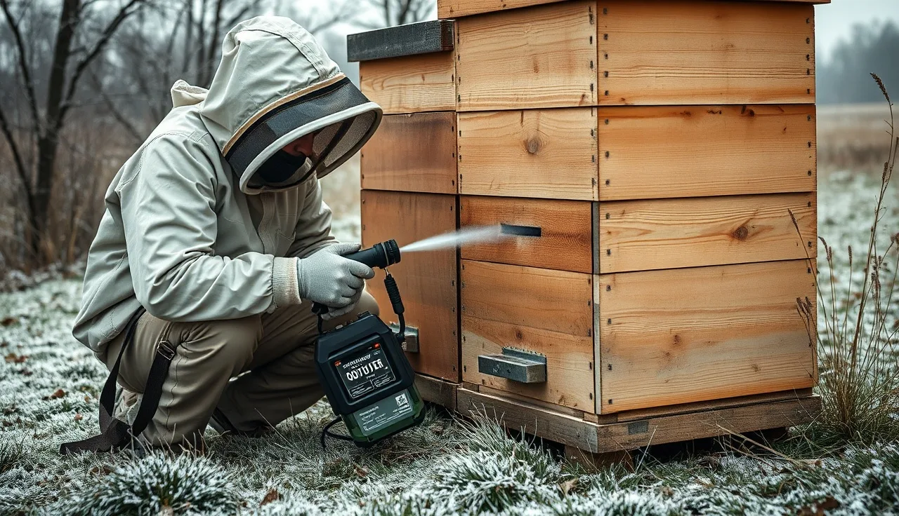 Beekeeper applying oxalic acid vaporizer treatment to a Langstroth hive in winter
