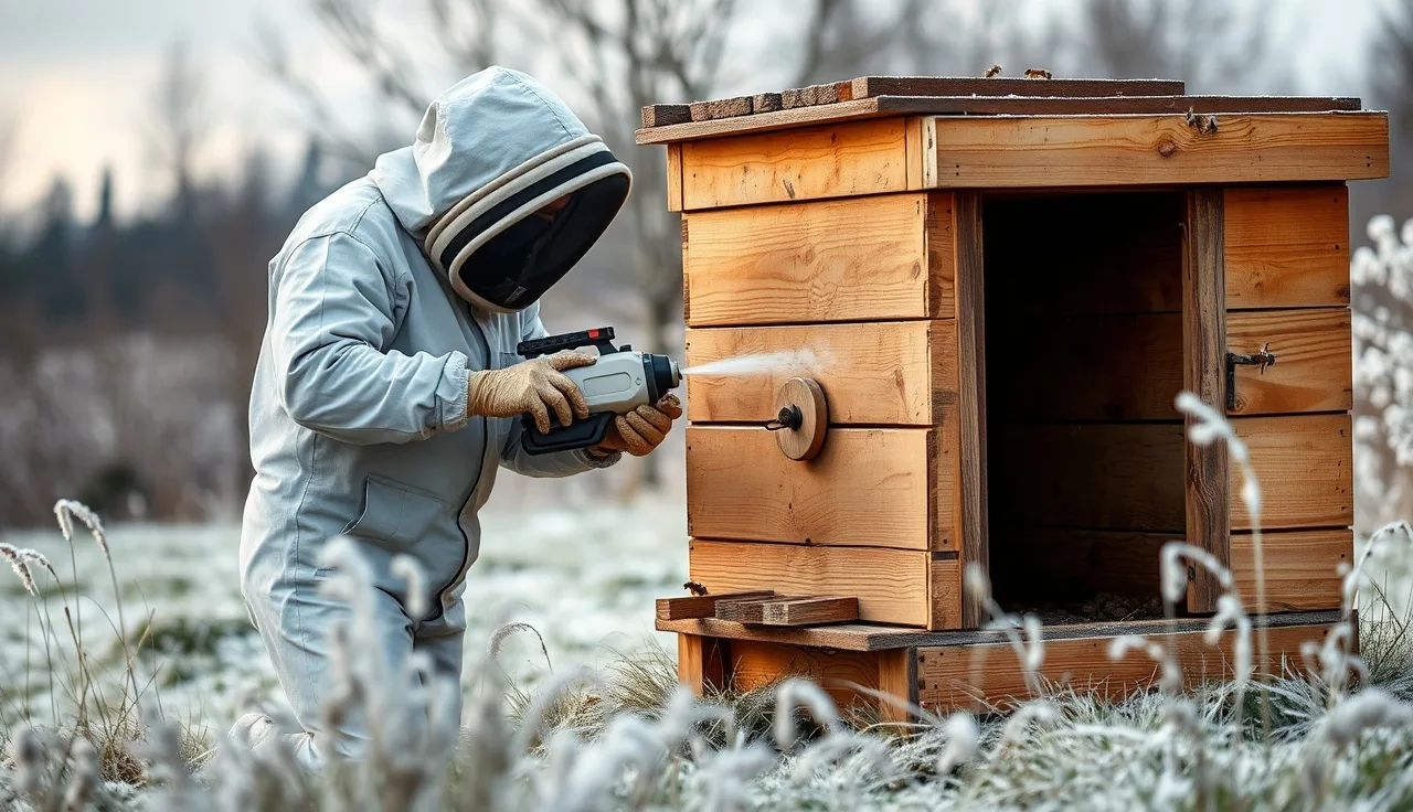 Beekeeper applying oxalic acid vaporizer to a wooden hive in winter frost