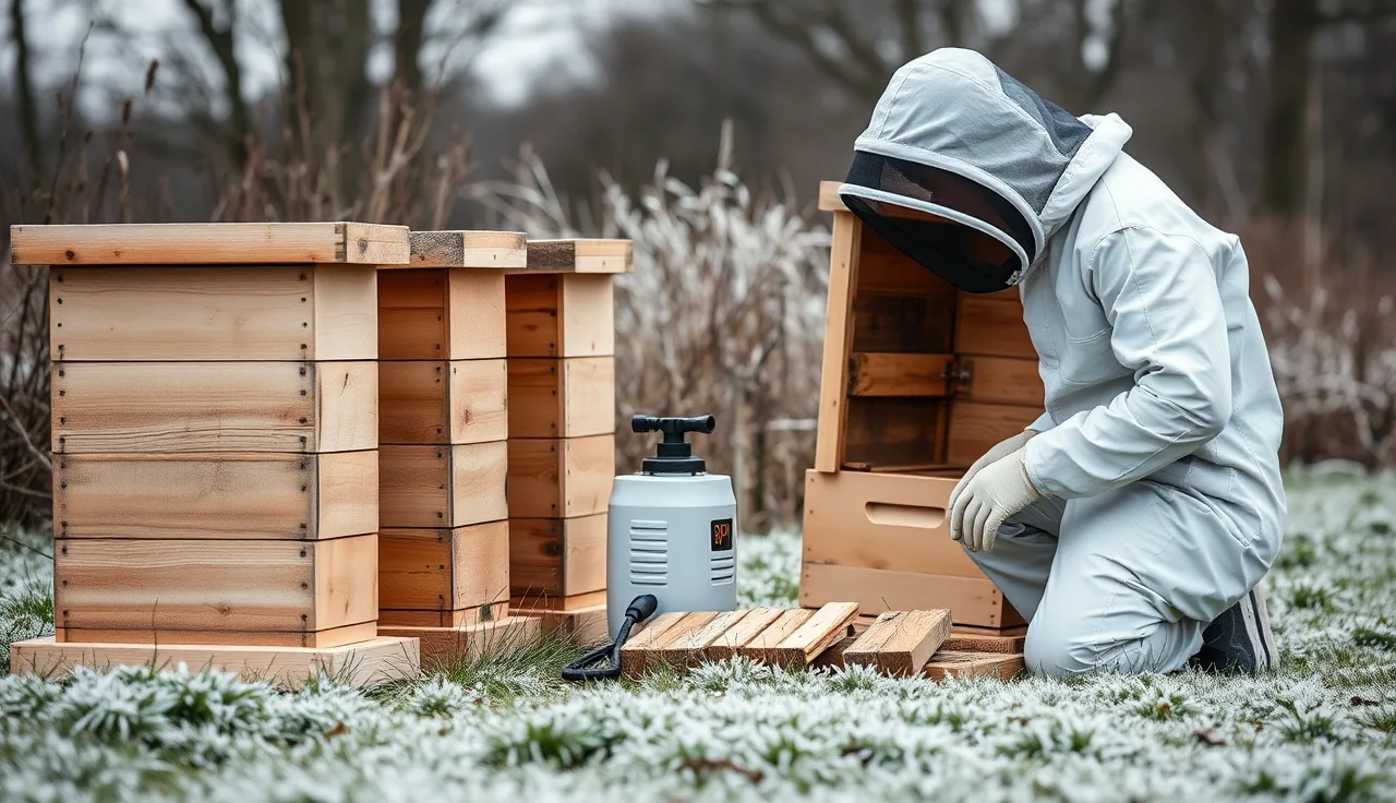 Beekeeper applying oxalic acid vaporiser to a wooden beehive on a frosty UK winter morning