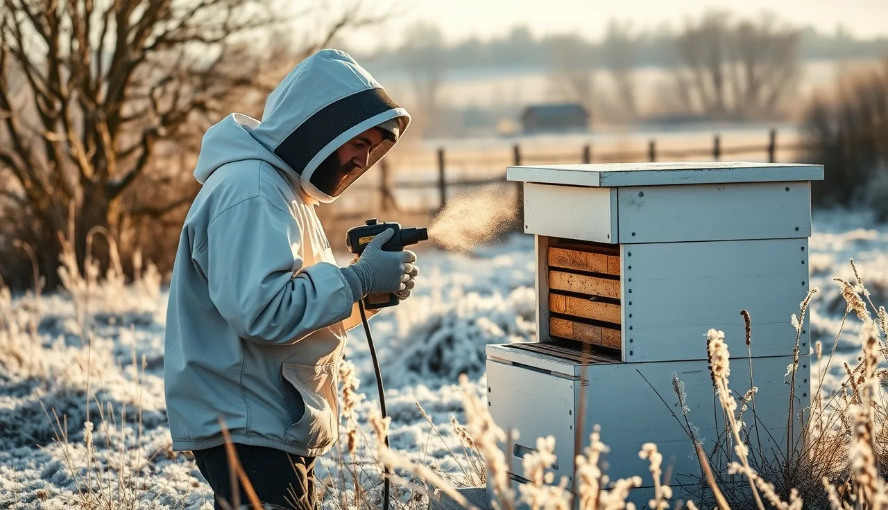 Beekeeper vaporizing oxalic acid into a hive entrance on a frosty morning
