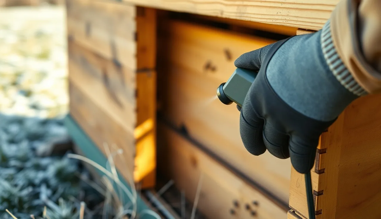 Beekeeper in gloves preparing oxalic acid vaporizer at hive entrance in winter