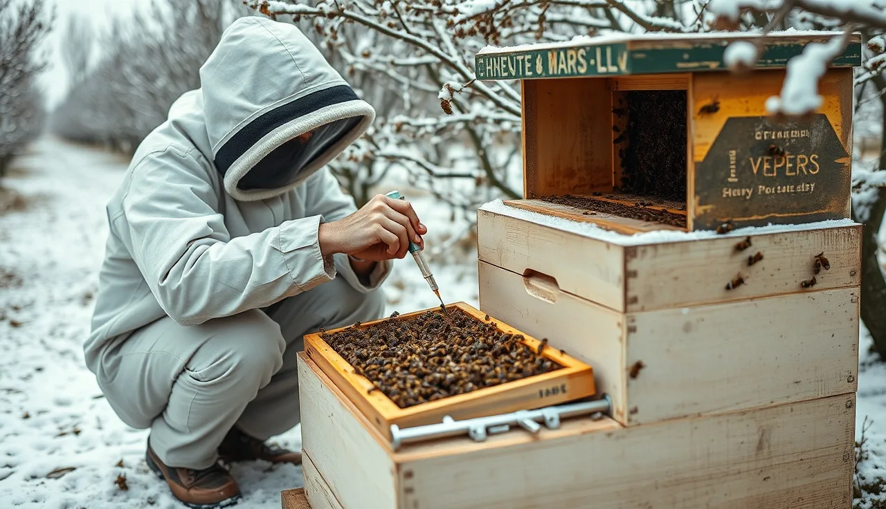 Beekeeper applying oxalic acid dribble treatment to clustered bees in a winter hive