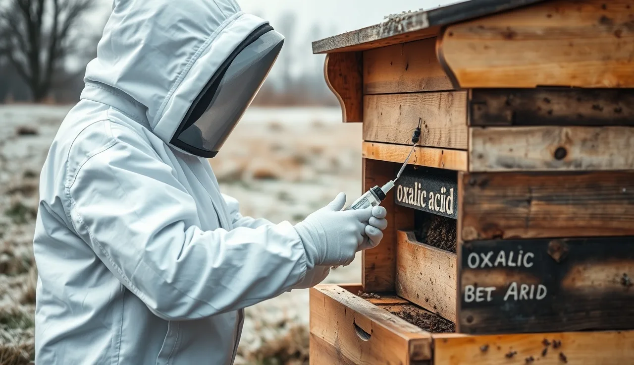 Beekeeper drawing oxalic acid solution into a syringe near an open winter hive