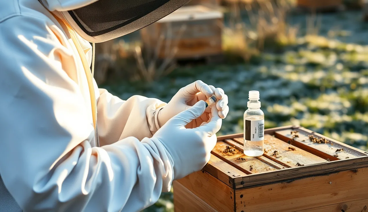 Beekeeper filling a syringe with oxalic acid dribble solution beside winter hives