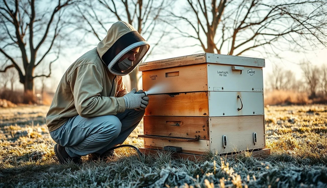 Beekeeper applying oxalic acid vapor treatment to a hive entrance in autumn