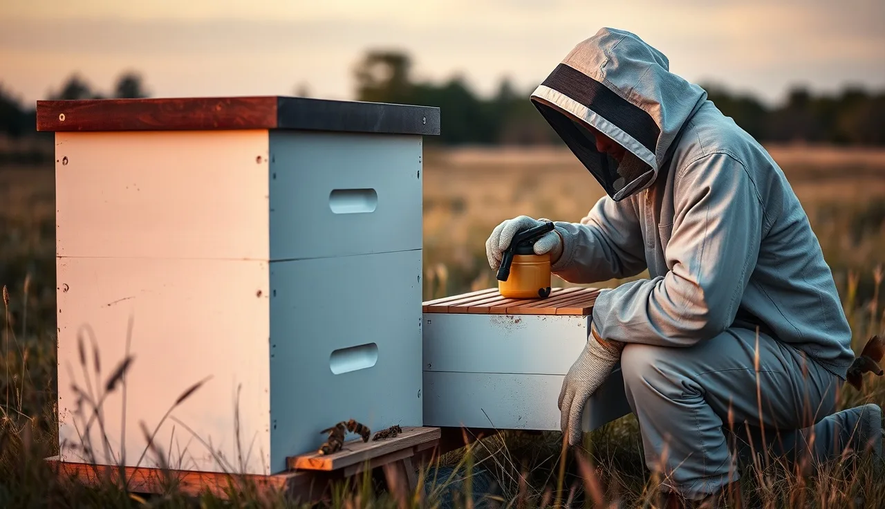 Beekeeper kneeling beside a hive at dusk with an oxalic acid vaporizer on the landing board