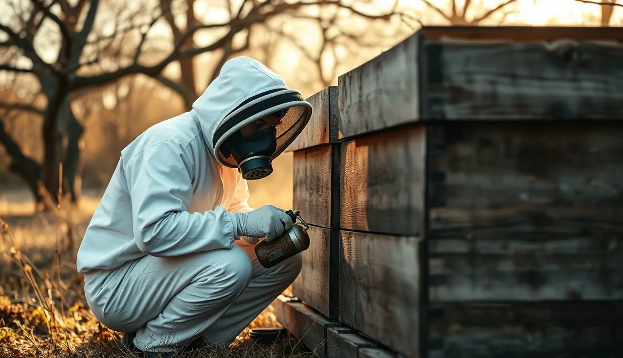 Beekeeper using an oxalic acid fogger at a hive entrance on an autumn morning