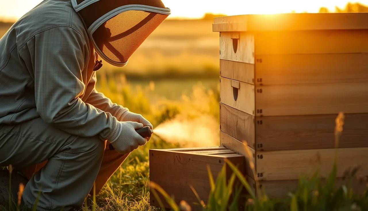 Beekeeper vaporizing oxalic acid into a Langstroth hive at dusk for varroa mite treatment