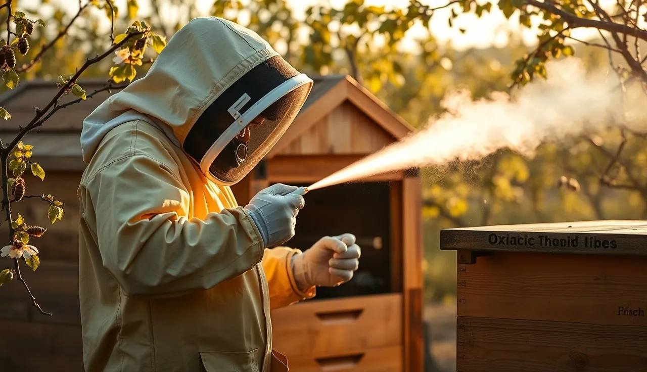 Beekeeper using oxalic acid vaporizer wand at hive entrance during varroa treatment