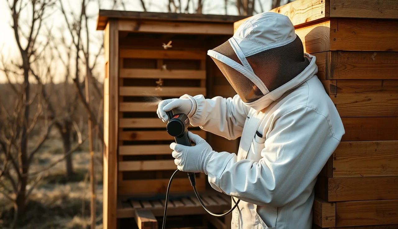 Beekeeper applying oxalic acid vaporizer to a wooden hive in winter orchard