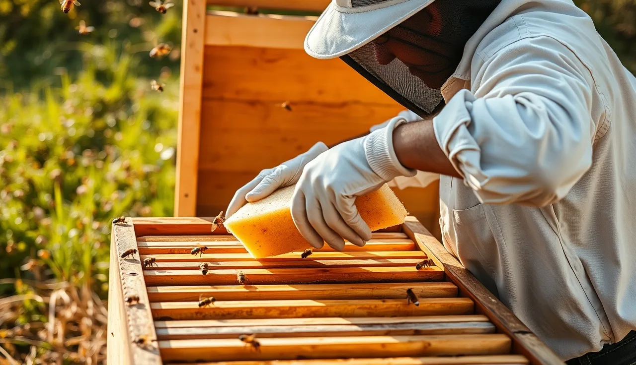 Beekeeper placing oxalic acid glycerin sponge on top bars of open Langstroth hive