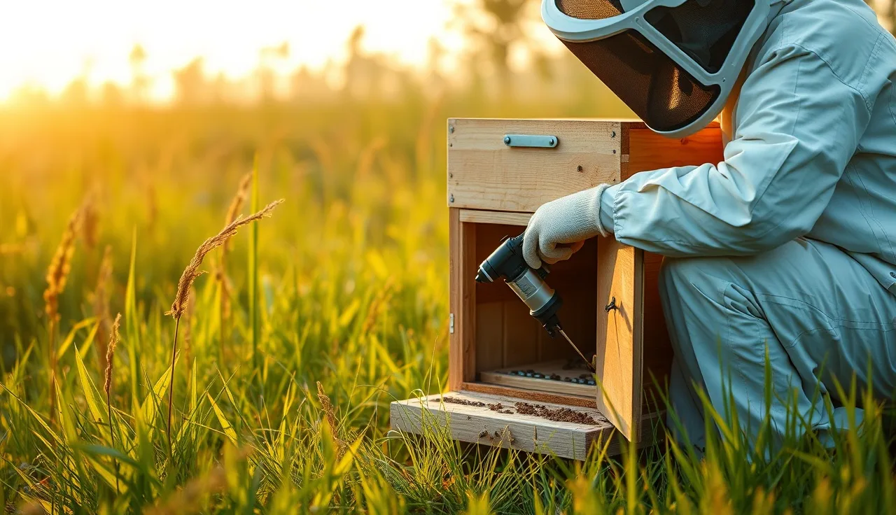 Beekeeper vaporizing oxalic acid into a small mating nucleus hive at dawn in a meadow
