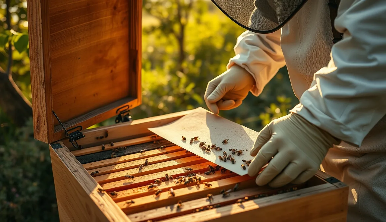 Beekeeper placing an oxalic acid pad on top bars inside a wooden hive box