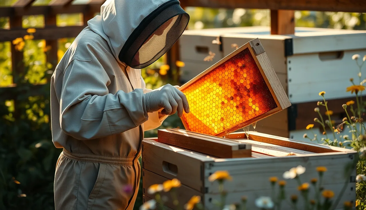 Beekeeper examining honeycomb frame for oxalic acid residue safety in backyard hive