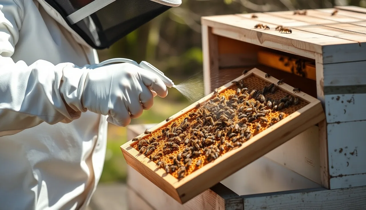Beekeeper spraying oxalic acid solution onto bees on a wooden frame