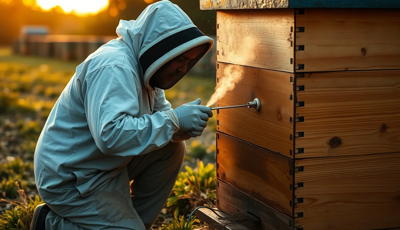 Beekeeper using oxalic acid vaporizer wand at a Langstroth hive entrance at dusk