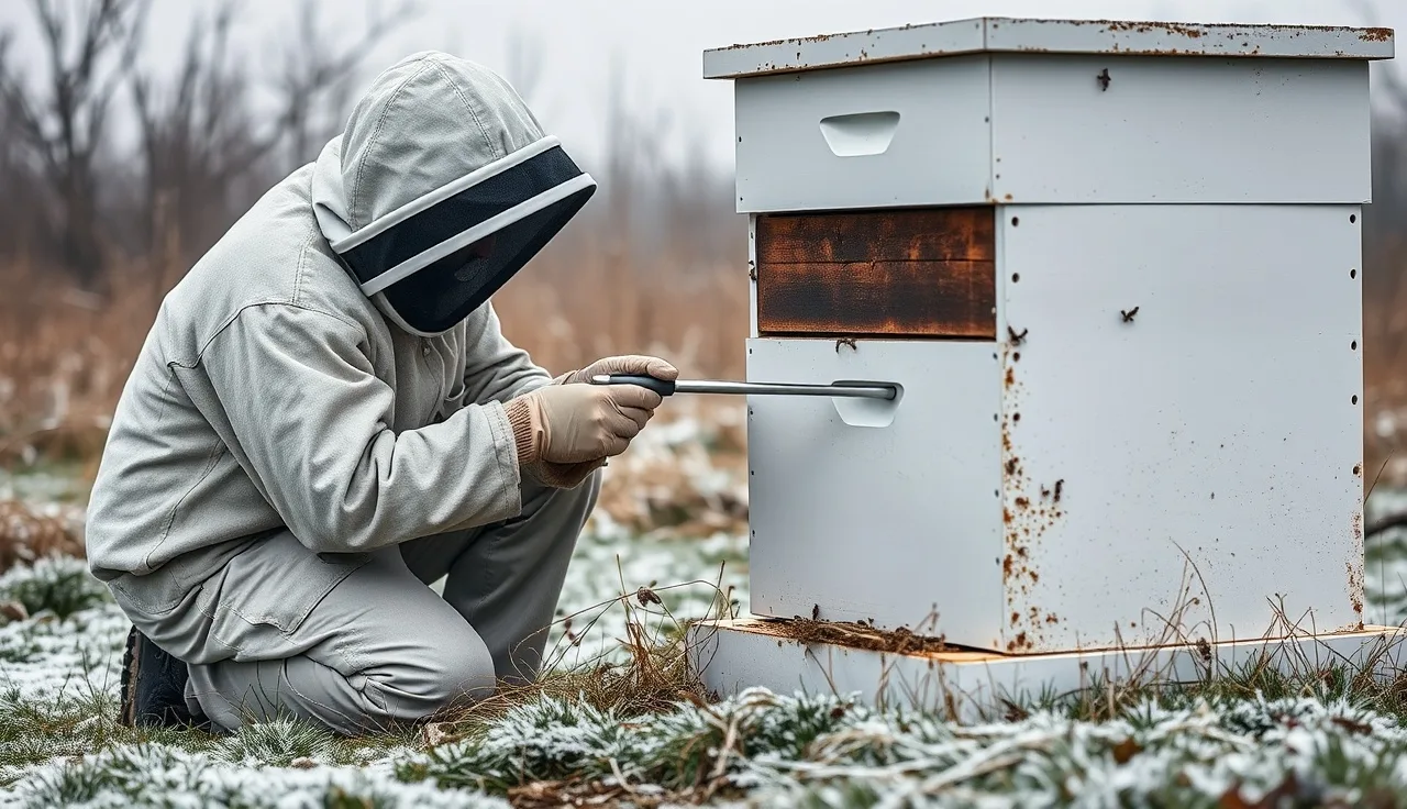 Beekeeper inserting oxalic acid vaporizer into beehive entrance on a frosty winter morning