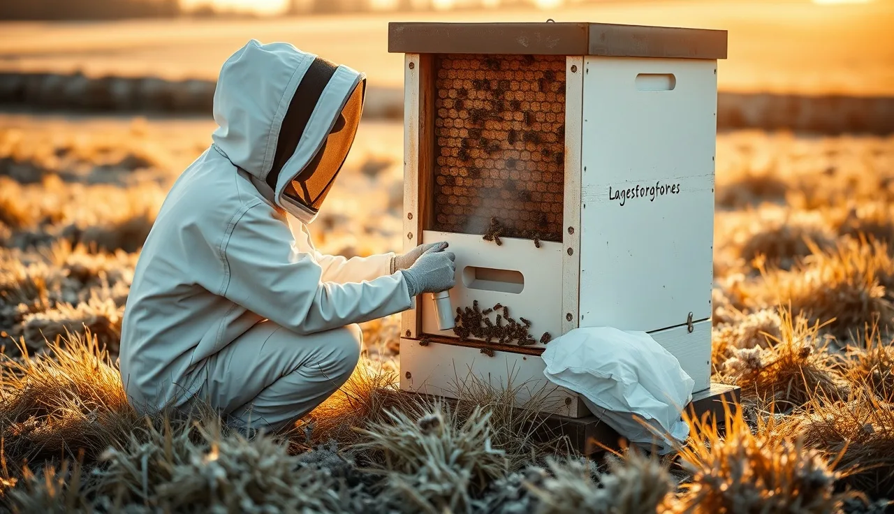 Beekeeper applying oxalic acid vaporizer treatment to a Langstroth hive in autumn