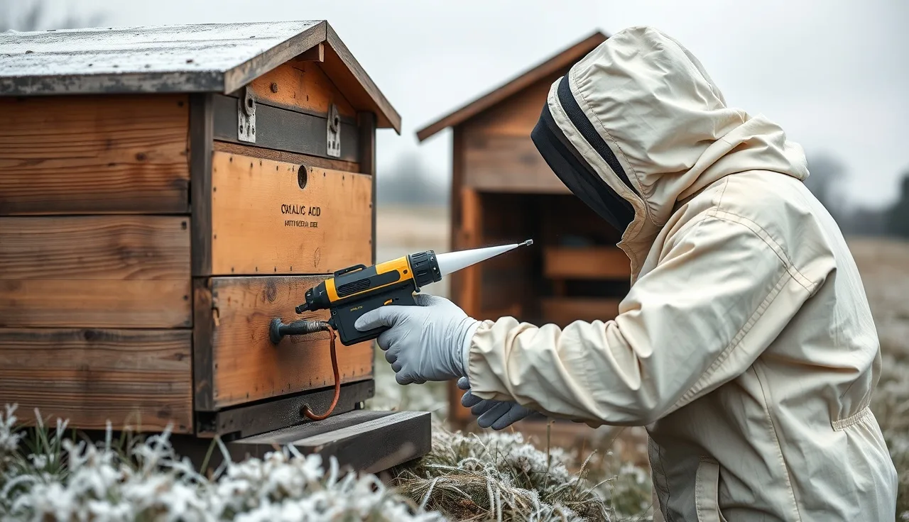 Beekeeper applying oxalic acid vaporizer treatment to a hive in winter