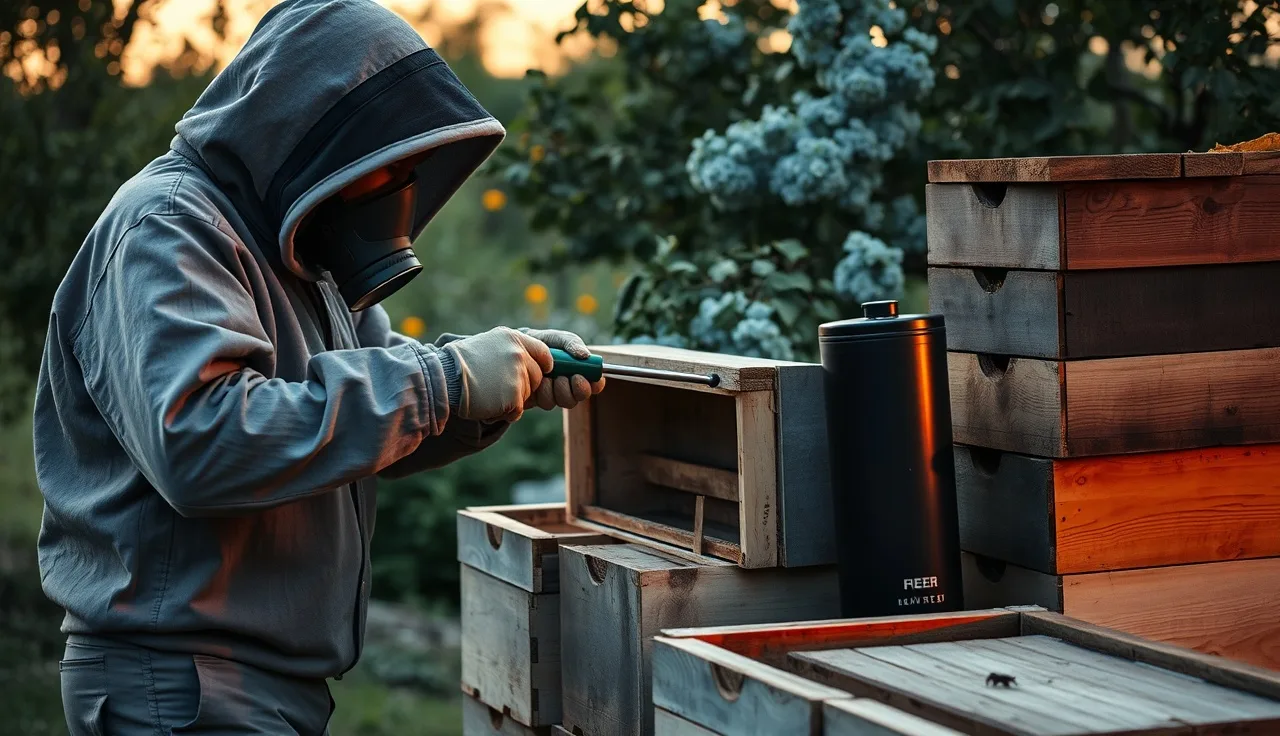Beekeeper in respirator using oxalic acid vaporizer at a wooden hive entrance