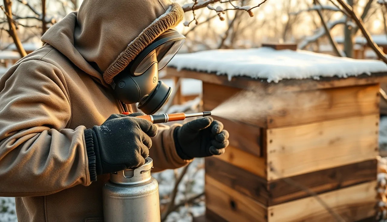 Beekeeper in winter gear using oxalic acid vaporizer at snowy beehive entrance