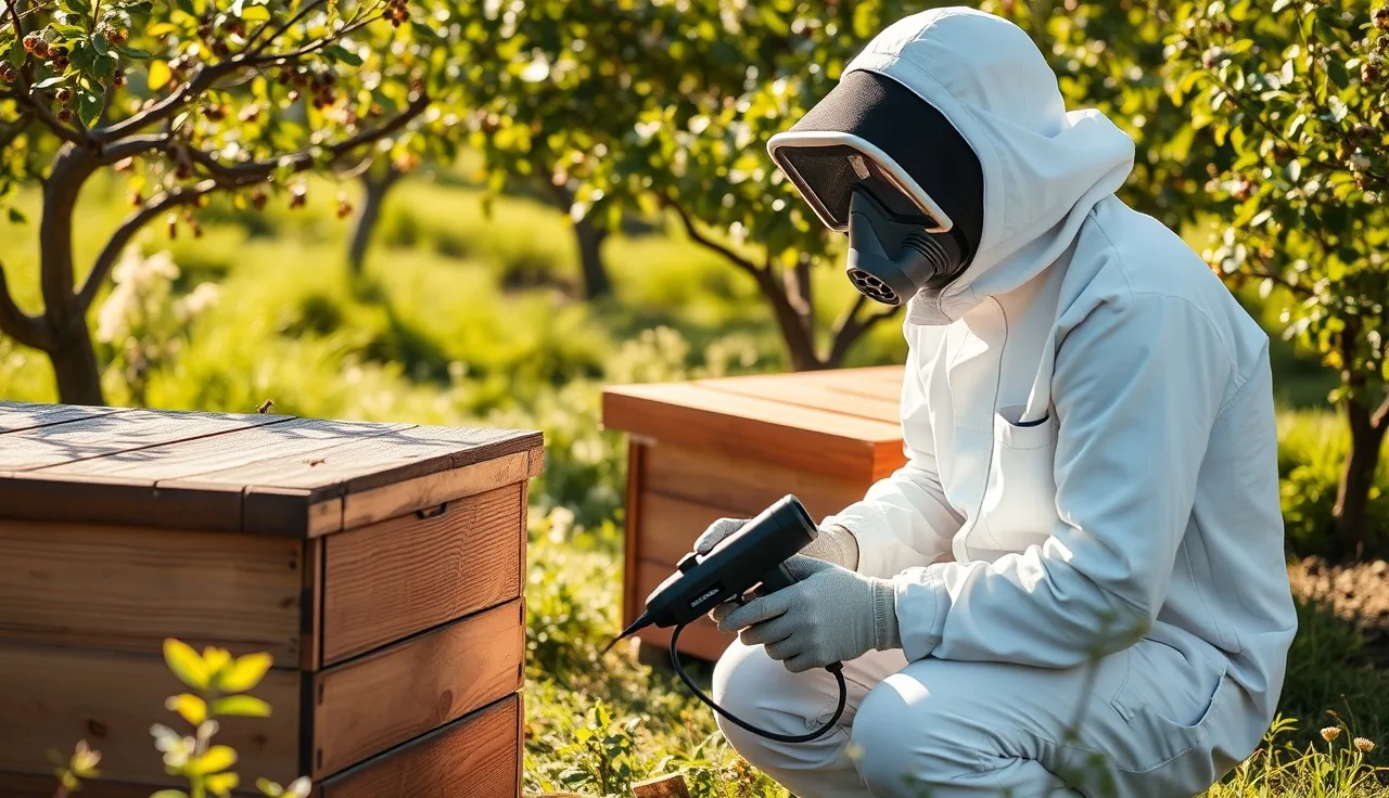Beekeeper wearing respirator and goggles operating an oxalic acid vaporizer beside a hive