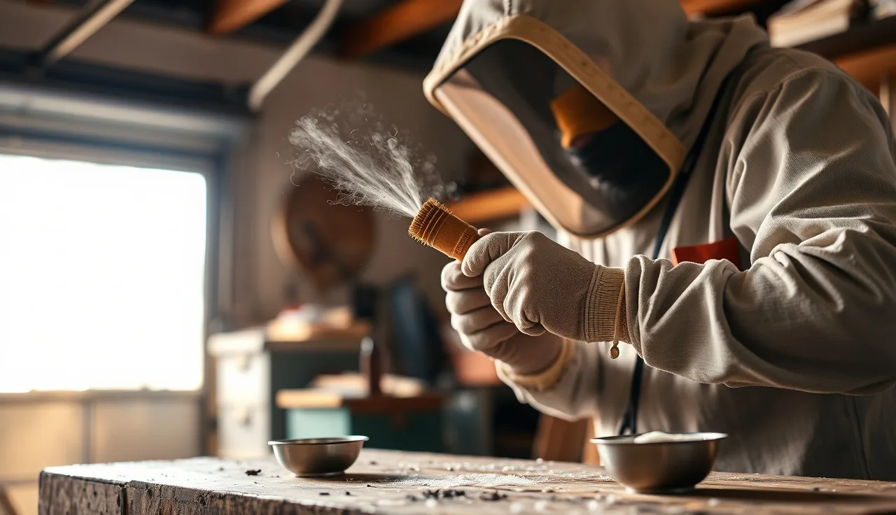 Gloved beekeeper scrubbing an oxalic acid vaporizer wand with a cleaning brush