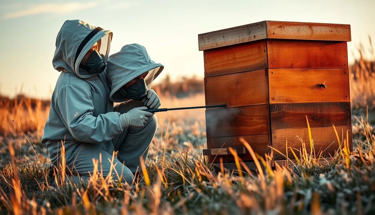 Beekeeper using oxalic acid vaporizer wand at a beehive entrance at dusk