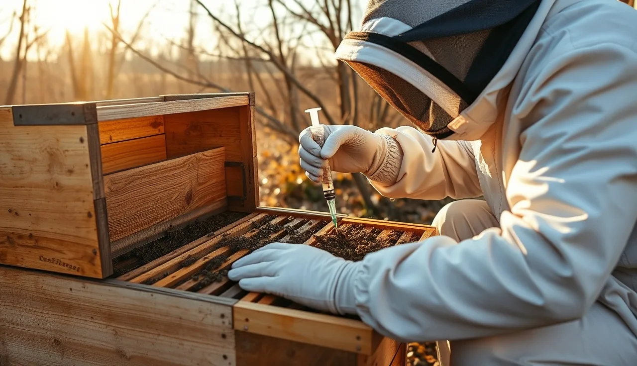 Beekeeper applying oxalic acid dribble treatment between frames of a Langstroth hive