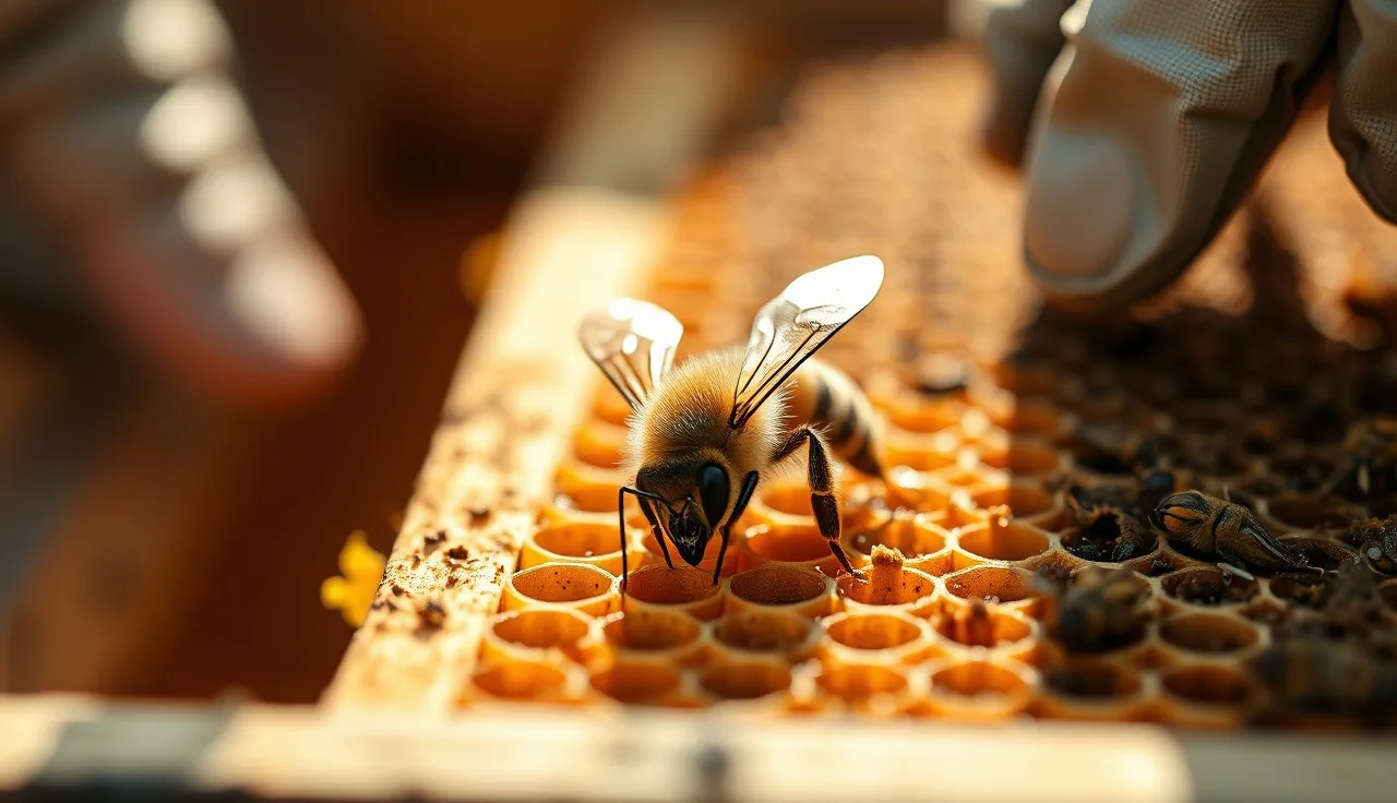 Honey bee on honeycomb frame showing varroa mite on bee abdomen