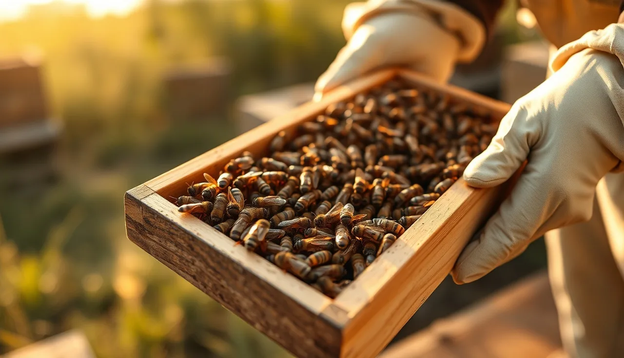 Beekeeper holding a brood frame showing capped cells where reproductive varroa mites hide