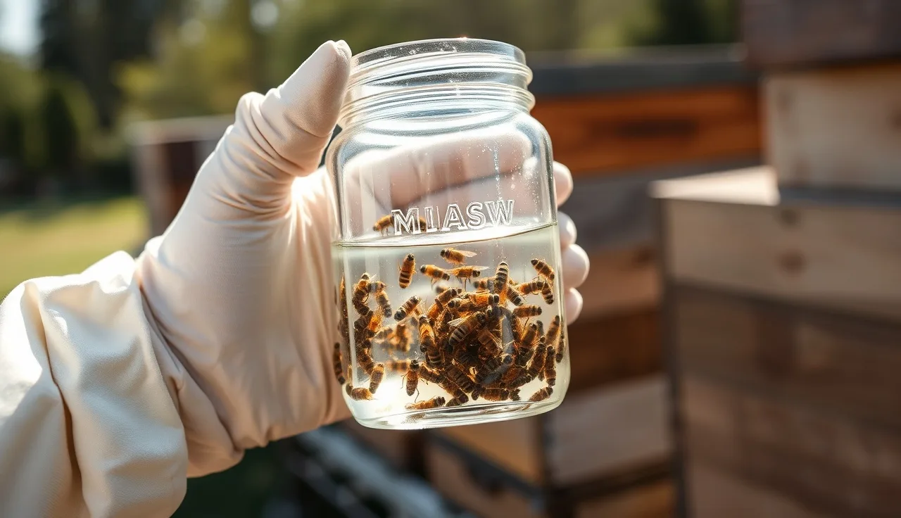 Gloved hand holding alcohol wash jar with bees during varroa mite count