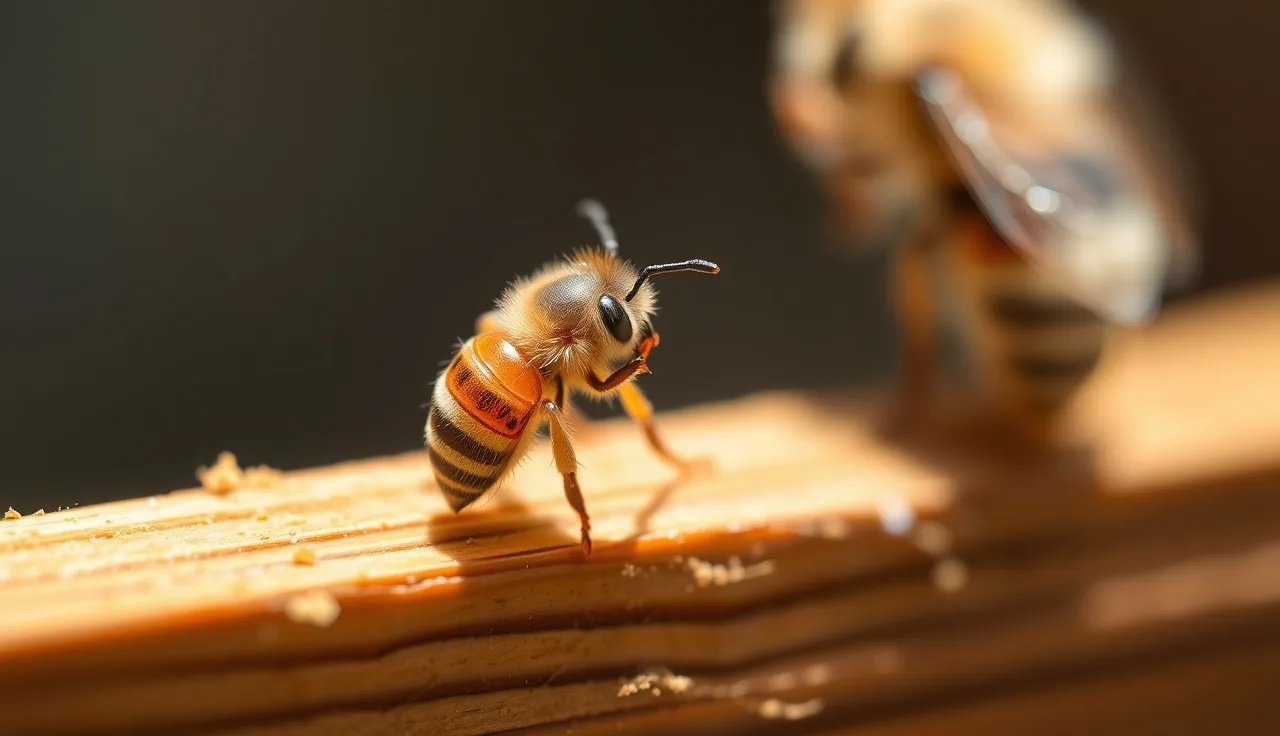 Close-up varroa mite visible on honey bee abdomen on hive frame
