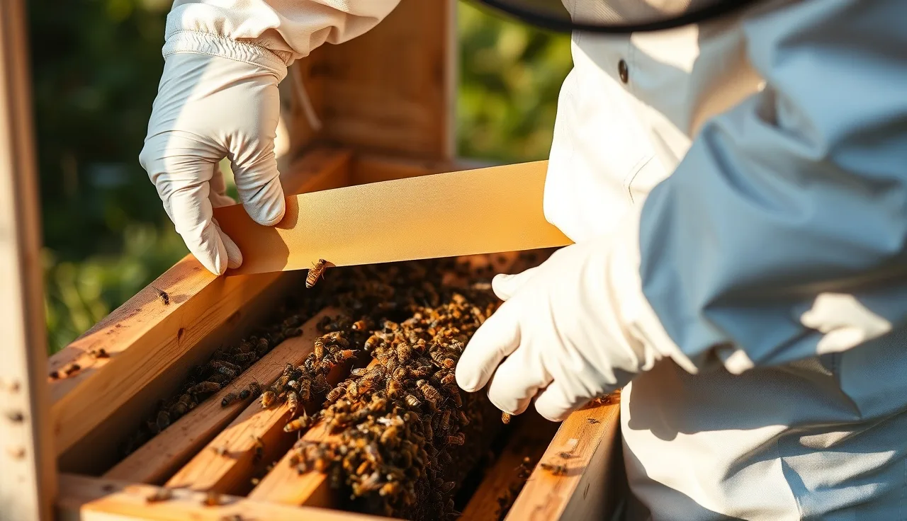 Beekeeper in gloves placing an Apivar strip between brood frames in an open hive