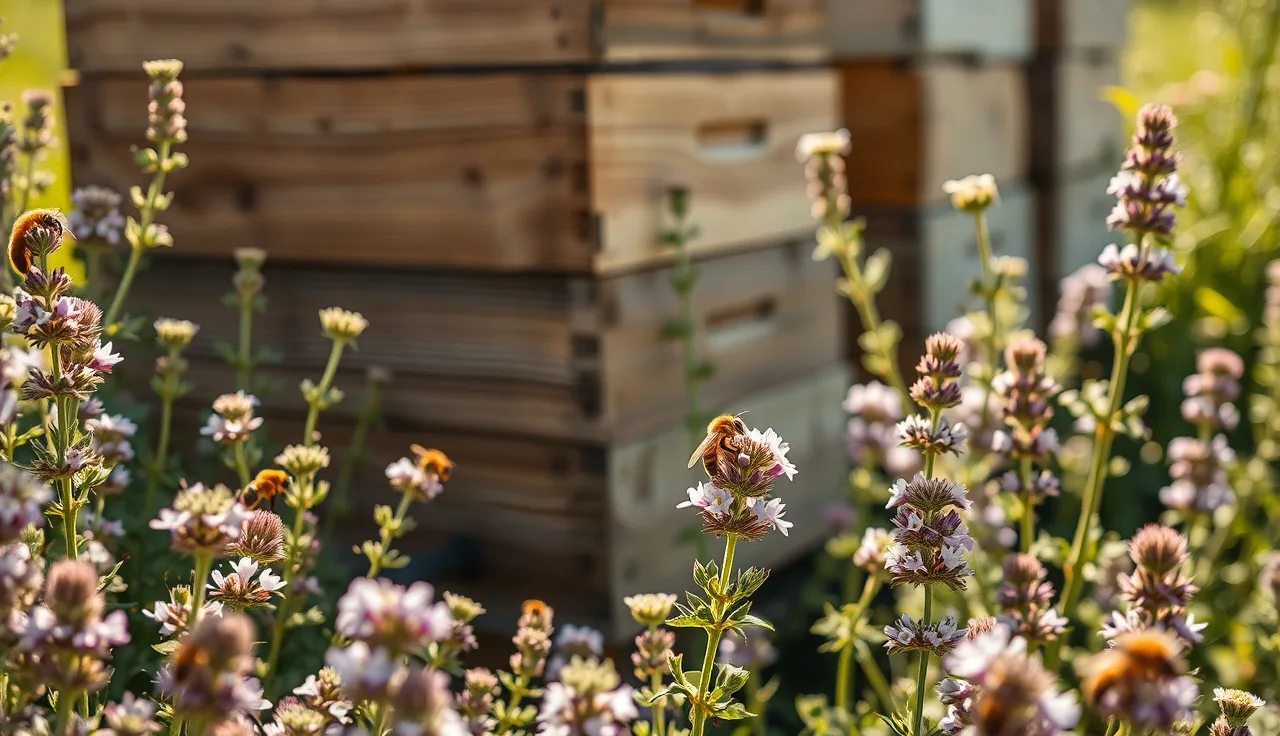 Wooden beehive surrounded by flowering thyme and borage plants with foraging bees