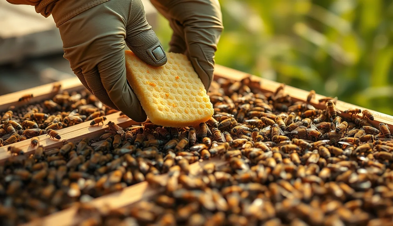 Beekeeper placing a pollen patty on frames covered with honey bees in a wooden hive