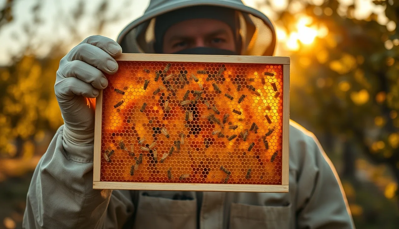 Beekeeper inspecting a brood-free comb before applying oxalic acid mop-up treatment