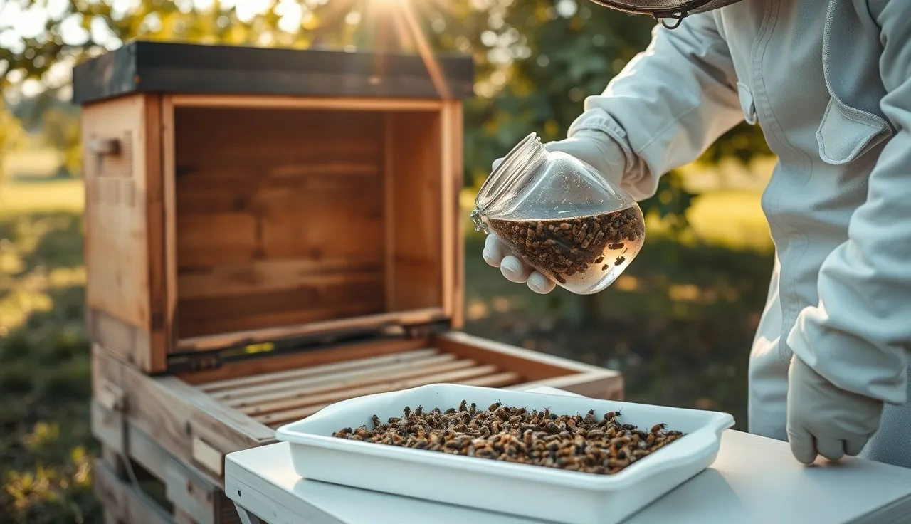 Beekeeper performing an alcohol mite wash beside an open hive outdoors