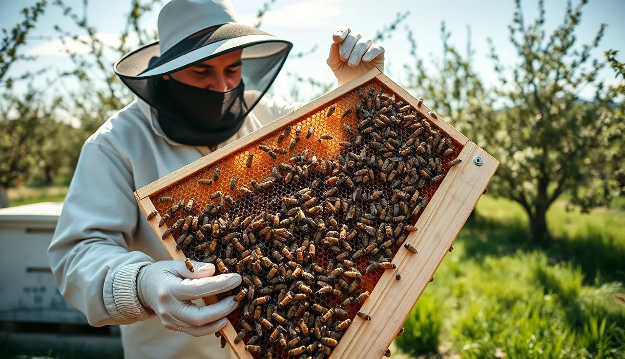 Beekeeper inspecting a frame of bees in a backyard hive on a sunny afternoon
