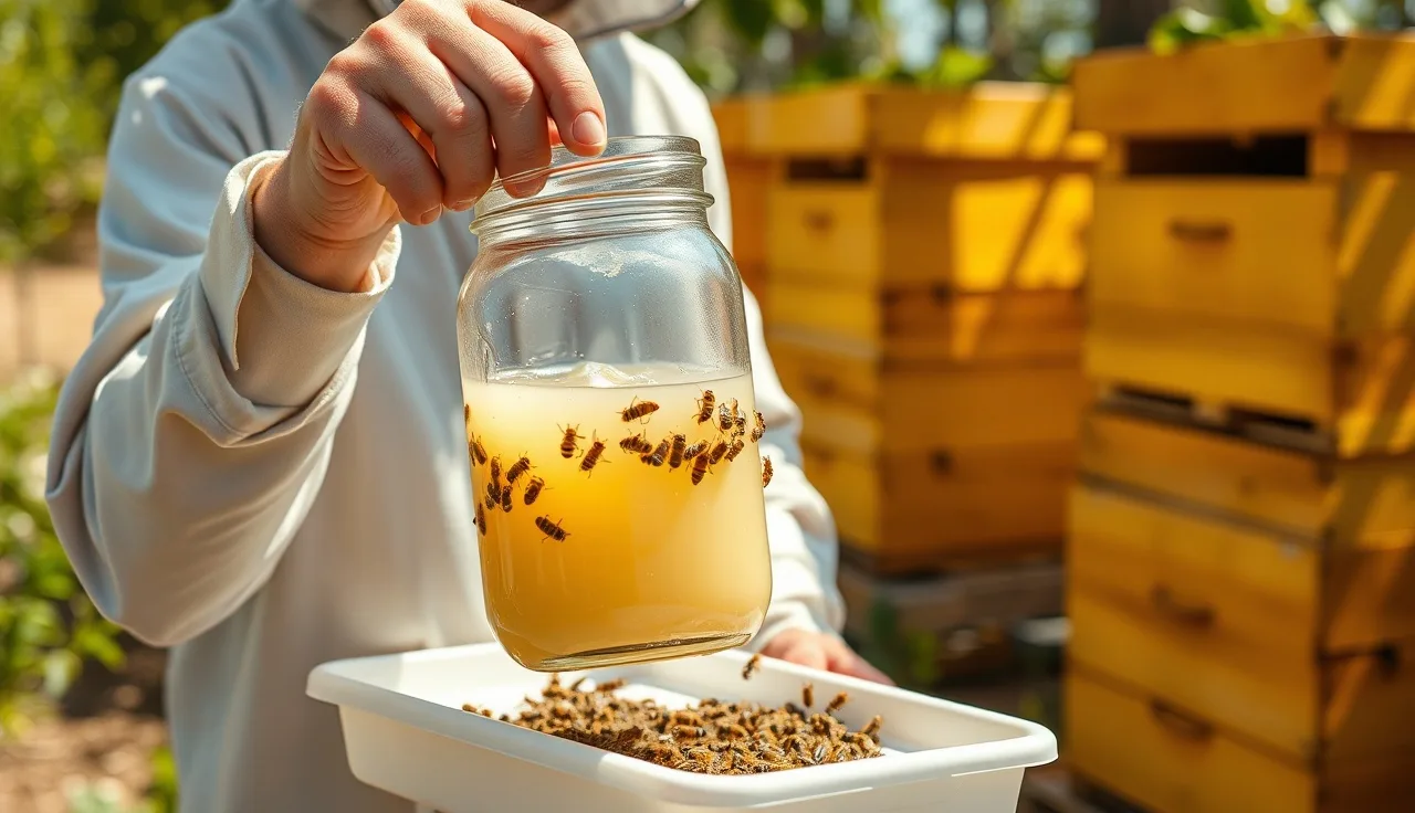 Beekeeper performing an alcohol wash mite count over a white tray in a sunny apiary