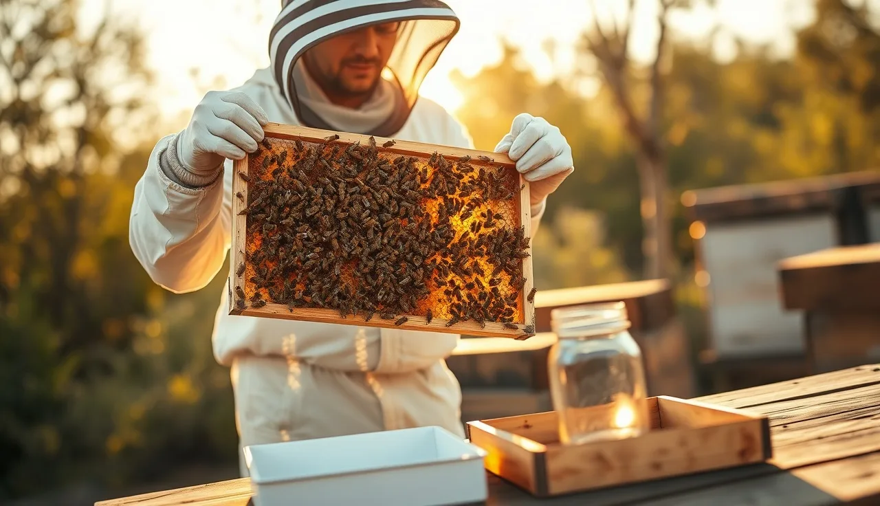 Beekeeper holding brood frame while varroa mite monitoring supplies sit nearby