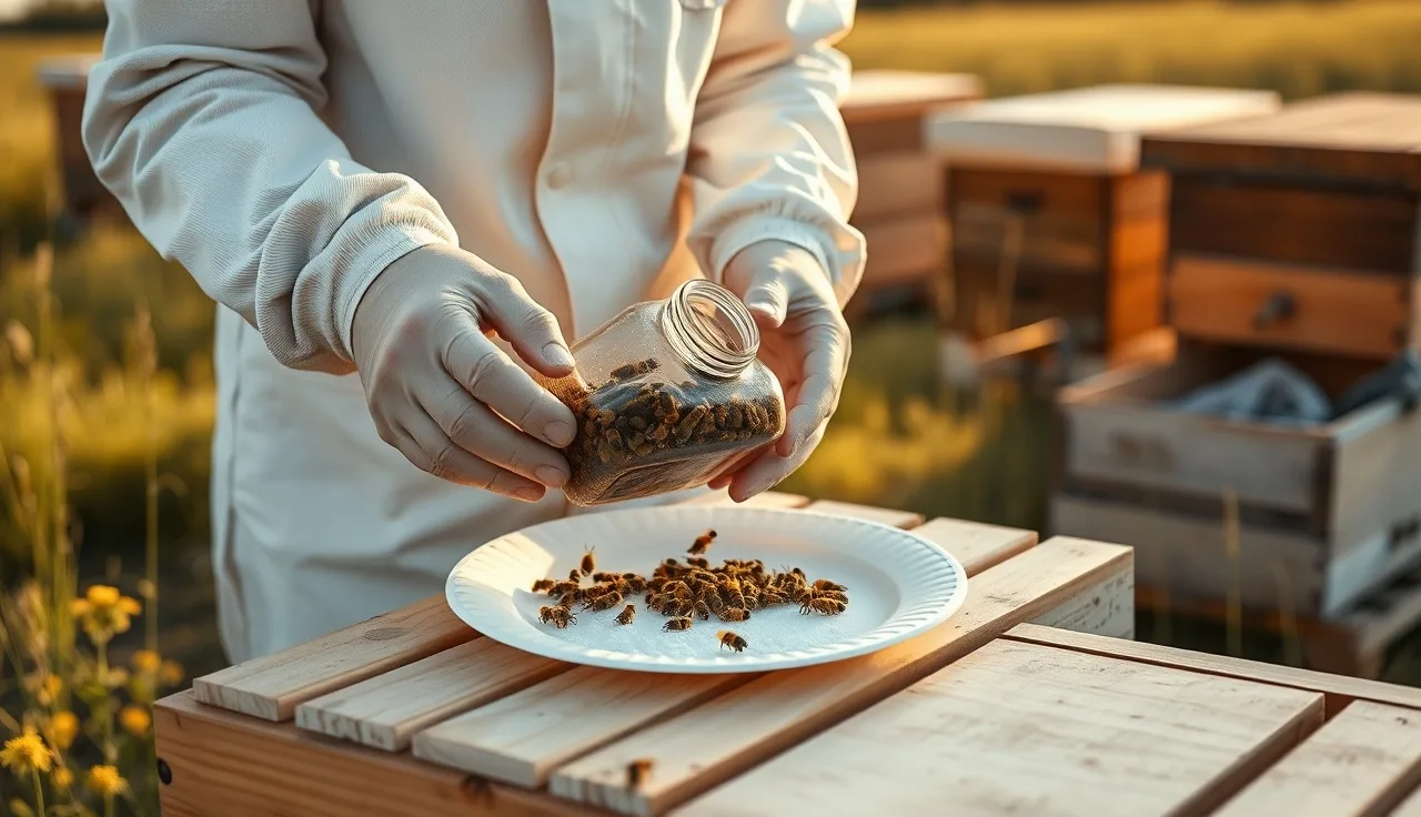 Beekeeper performing a powdered sugar roll varroa mite test over a white plate